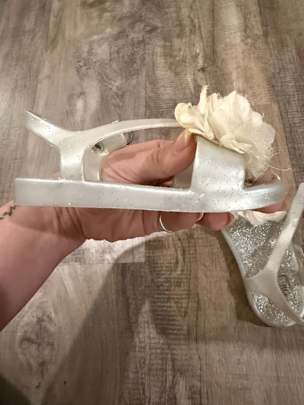 Sparkly Silver Jelly Sandals with Cream Floral Accent